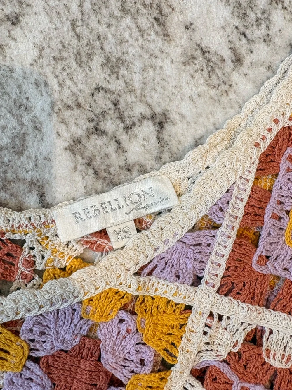 Rebellion Crochet Patchwork Crop Top in Cream, Mustard & Lavender - Picture 2 of 3